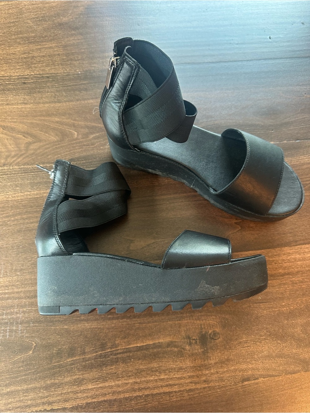 Sorel Black Platform Wedge Sandals with Elastic Ankle Straps